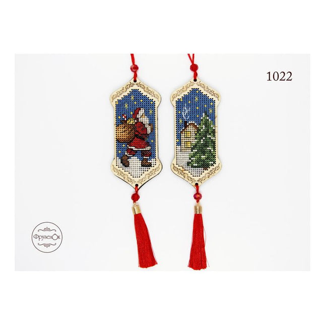 DIY Cross stitch kit on wood "Christmas  Eve" 3.9x1.8 in / 10.0x4.5 cm