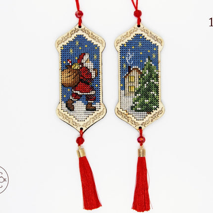 DIY Cross stitch kit on wood "Christmas  Eve" 3.9x1.8 in / 10.0x4.5 cm