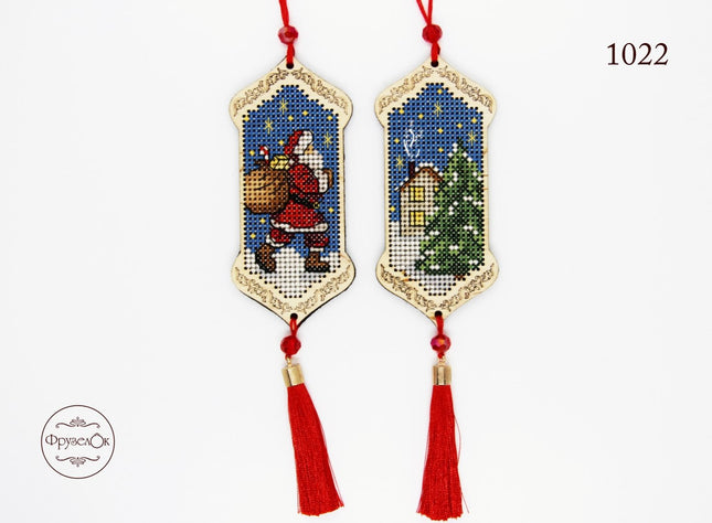 DIY Cross stitch kit on wood "Christmas  Eve" 3.9x1.8 in / 10.0x4.5 cm