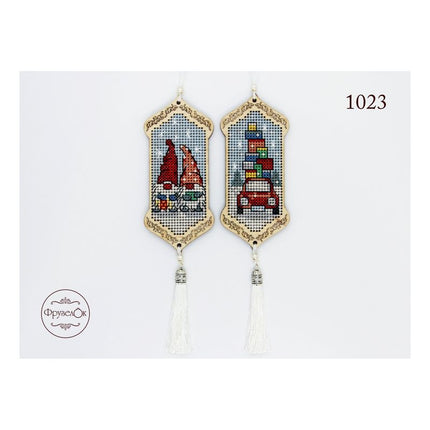 DIY Cross stitch kit on wood "Gnomes Adventures" 3.9x1.8 in / 10.0x4.5 cm