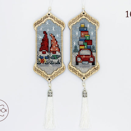 DIY Cross stitch kit on wood "Gnomes Adventures" 3.9x1.8 in / 10.0x4.5 cm