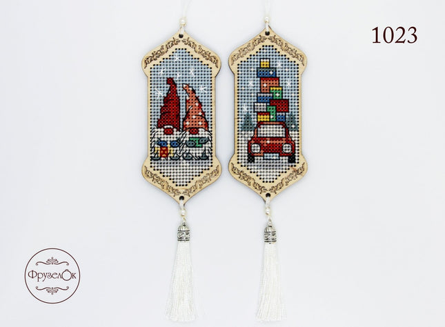 DIY Cross stitch kit on wood "Gnomes Adventures" 3.9x1.8 in / 10.0x4.5 cm