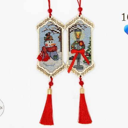 DIY Cross stitch kit on wood "Snowman" 3.9x1.8 in / 10.0x4.5 cm