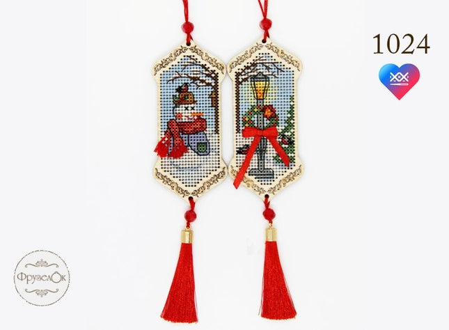 DIY Cross stitch kit on wood "Snowman" 3.9x1.8 in / 10.0x4.5 cm