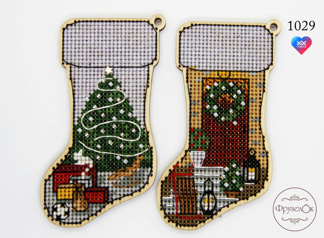 DIY Cross stitch kit on wood "Socks" 3.9x2.0 in / 10.0x5.0 cm