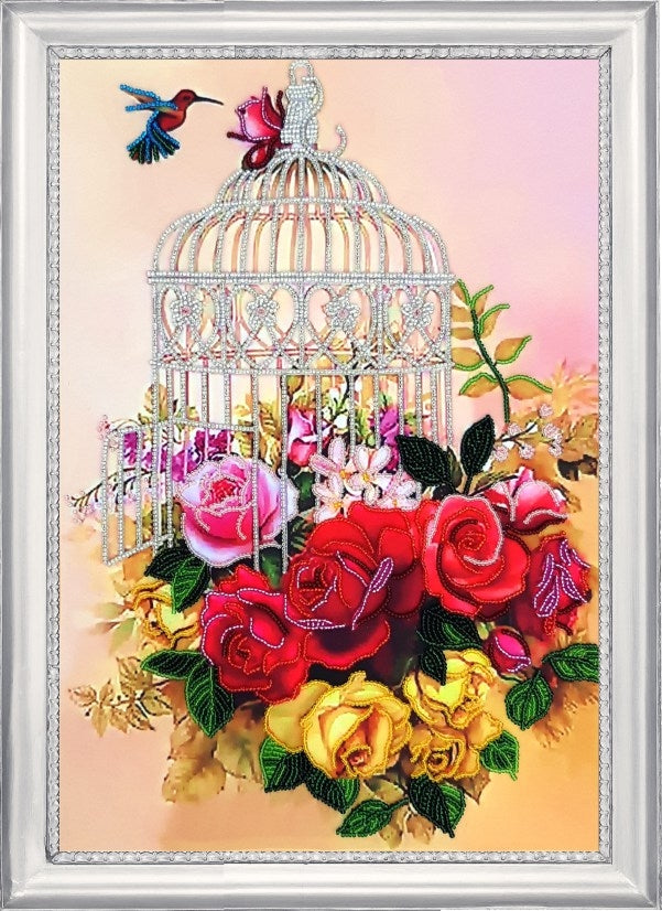 DIY Bead Embroidery Kit "Cage in the Roses" 14.2"x9.8" / 36.0x25.0 cm
