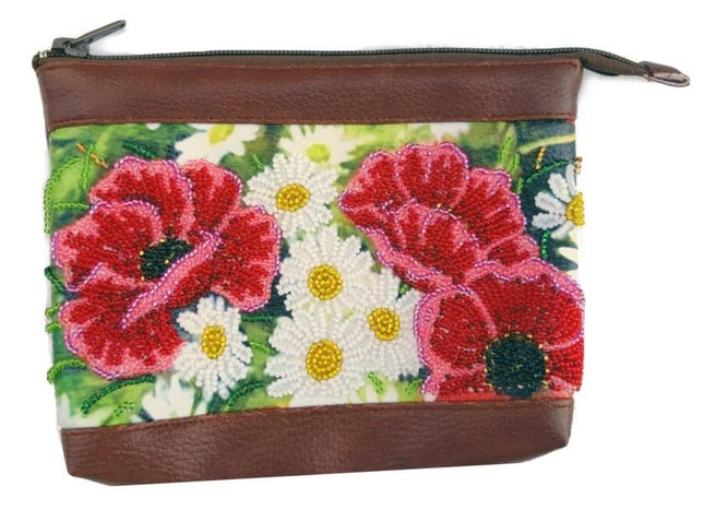 DIY Bead Embroidery kit Leatherette cosmetic bag "Poppies and Camomiles"