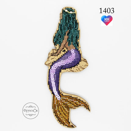 DIY Cross stitch kit on wood "Mermaid" 5.9x2.2 in / 15.0x5.5 cm