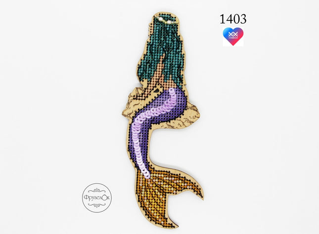 DIY Cross stitch kit on wood "Mermaid" 5.9x2.2 in / 15.0x5.5 cm