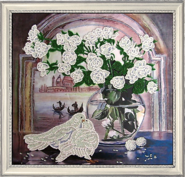 DIY Bead Embroidery Kit "Roses and Doves (after E. Samarskaya)" 10.2"x11.0" / 26.0x28.0 cm