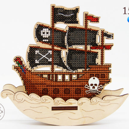 DIY Cross stitch kit on wood "Pirate Ship" 3.9x3.9 in / 10.0x10.0 cm
