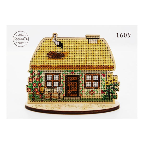 DIY Cross stitch kit on wood "The Hut" 3.9x3.1 in / 10.0x8.0 cm