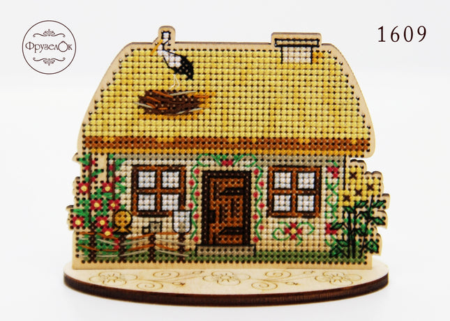 DIY Cross stitch kit on wood "The Hut" 3.9x3.1 in / 10.0x8.0 cm