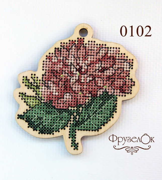 DIY Cross stitch kit on wood "Hydrangea" 3.7x3.6 in / 9.3x9.2 cm