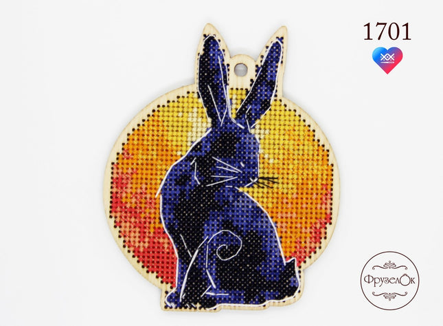 DIY Cross stitch kit on wood "Rabbit" 4.3x3.5 in / 11.0x9.0 cm