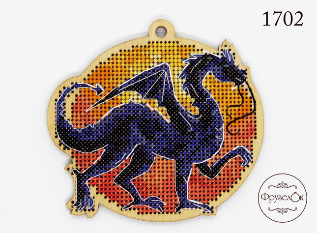 DIY Cross stitch kit on wood "Dragon" 3.9x3.5 in / 10.0x9.0 cm