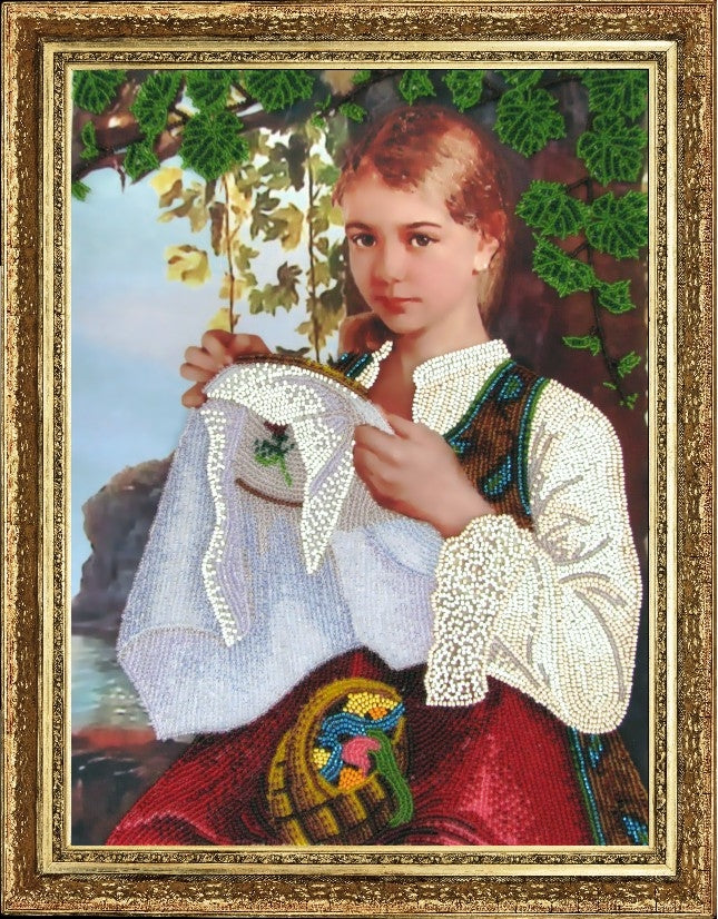 DIY Bead Embroidery Kit "Needlewoman" 13.4"x9.8" / 34.0x25.0 cm