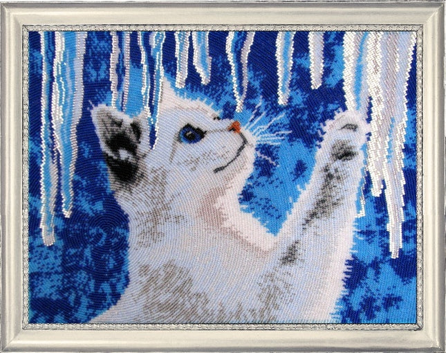 DIY Bead Embroidery Kit "Kitty and icicles" 10.6"x13.8" / 27.0x35.0 cm