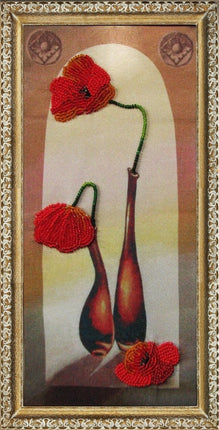 DIY Bead Embroidery Kit "Poppies in Vases" 10.6"x5.1" / 27.0x13.0 cm