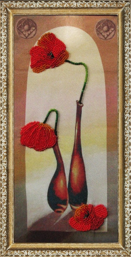 DIY Bead Embroidery Kit "Poppies in Vases" 10.6"x5.1" / 27.0x13.0 cm