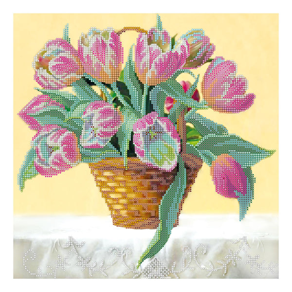 Canvas for bead embroidery "Basket of tulips" 11.8"x11.8" / 30.0x30.0 cm