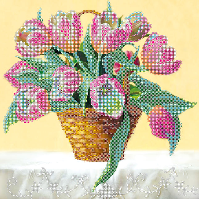 Canvas for bead embroidery "Basket of tulips" 11.8"x11.8" / 30.0x30.0 cm