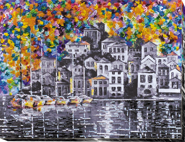 DIY Bead Embroidery Kit "A town wakes up" 14.2"x11.0" / 36.0x28.0 cm