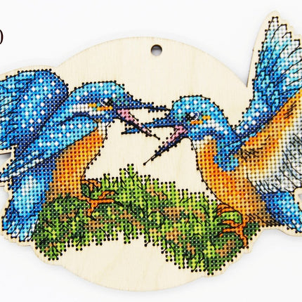 DIY Cross stitch kit on wood "Kingfisher" 7.2x4.7 in / 18.3x12.0 cm