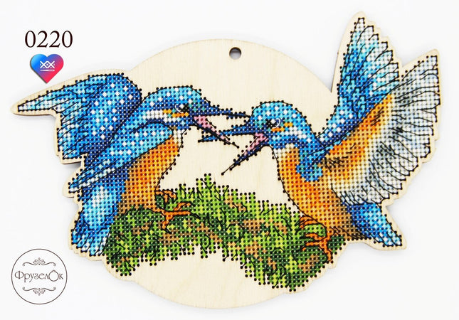 DIY Cross stitch kit on wood "Kingfisher" 7.2x4.7 in / 18.3x12.0 cm
