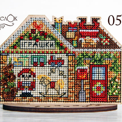 DIY Cross stitch kit on wood "Toy Shop" 4.5x3.1 in / 11.5x8.0 cm