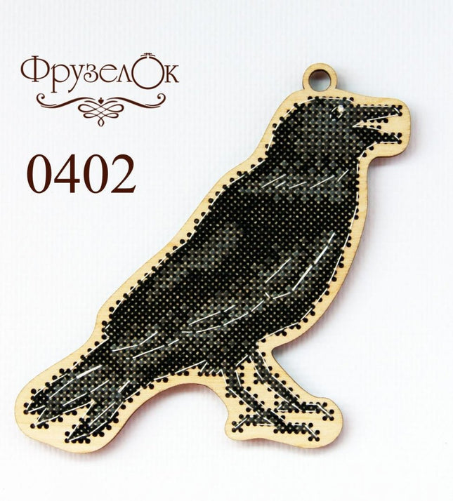 DIY Cross stitch kit on wood "Raven" 4.3x4.3 in / 11.0x11.0 cm