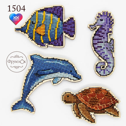 DIY Cross stitch kit on wood "Submarine World" 3.7x3.0 in, 2.9x3.0 in, 1.3x3.1 in, 3.0x2.0 in / 9.5x7.5 cm, 7.3x7.5 cm, 3.3x8.0 cm, 7.7x5.0 cm