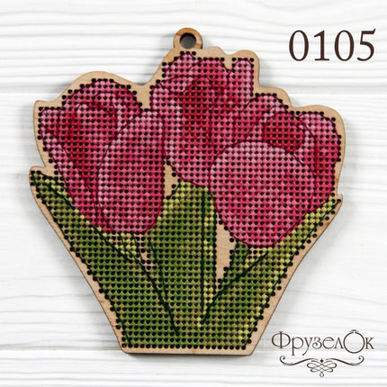 DIY Cross stitch kit on wood "Tulips" 4.1x4.3 in / 10.5x11.0 cm