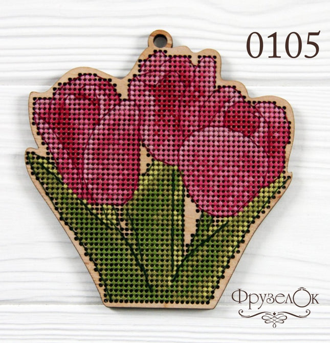 DIY Cross stitch kit on wood "Tulips" 4.1x4.3 in / 10.5x11.0 cm