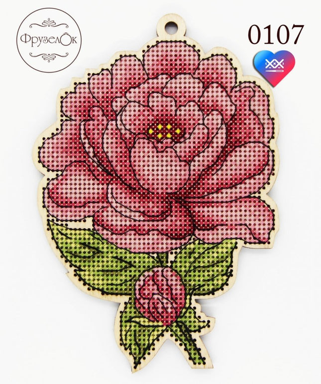 DIY Cross stitch kit on wood "Peony" 5.5x3.9 in / 14.0x10.0 cm