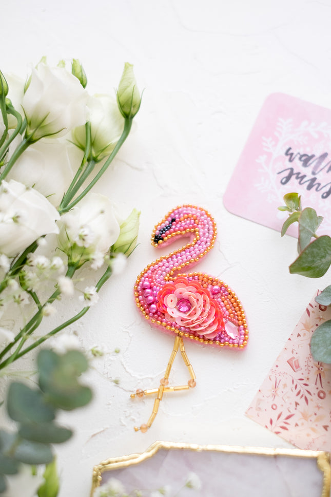 Beadwork kit for creating brooch "Flamingo"