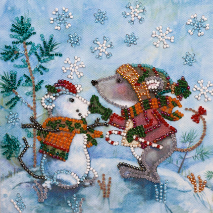 DIY Bead Embroidery Kit "Snow friend"  5.9"x5.9" / 15.0x15.0 cm