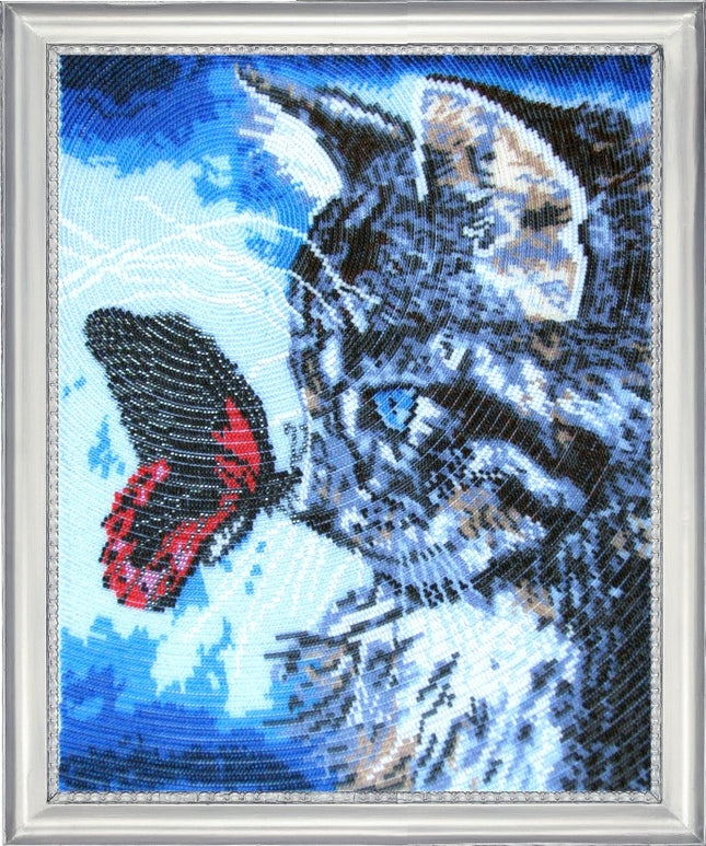 DIY Bead Embroidery Kit "Kitty and Butterfly" 13.0"x10.6" / 33.0x27.0 cm