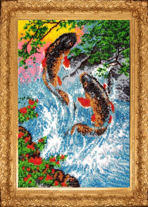 DIY Bead Embroidery Kit "Golden Carpes" 13.8"x9.4" / 35.0x24.0 cm