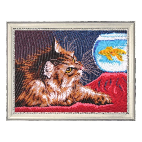 DIY Bead Embroidery Kit "Kitty and the Goldfish" 10.2"x13.8" / 26.0x35.0 cm