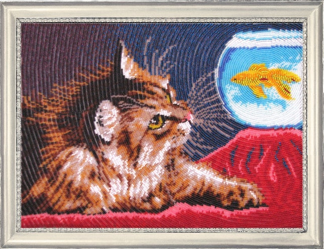 DIY Bead Embroidery Kit "Kitty and the Goldfish" 10.2"x13.8" / 26.0x35.0 cm