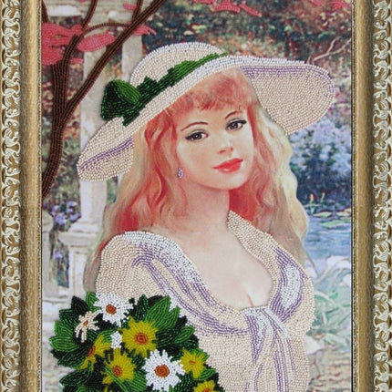 DIY Bead Embroidery Kit "A Girl with a Bouquet" 14.6"x9.4" / 37.0x24.0 cm