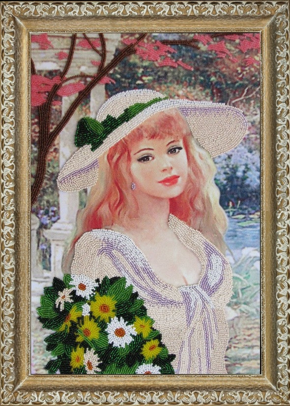 DIY Bead Embroidery Kit "A Girl with a Bouquet" 14.6"x9.4" / 37.0x24.0 cm