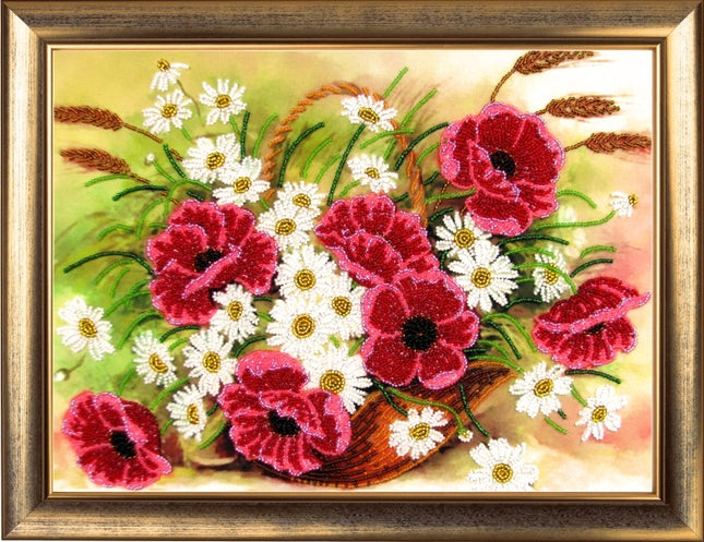 DIY Bead Embroidery Kit "Basket with Poppies" 9.8"x13.8" / 25.0x35.0 cm