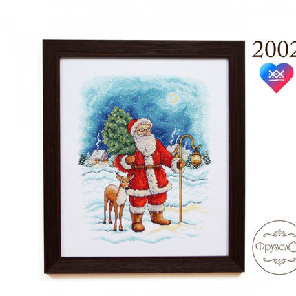 DIY Cross Stitch Kit "Santa Claus with a deer" 10.6x8.5 in / 27.0x21.5 cm