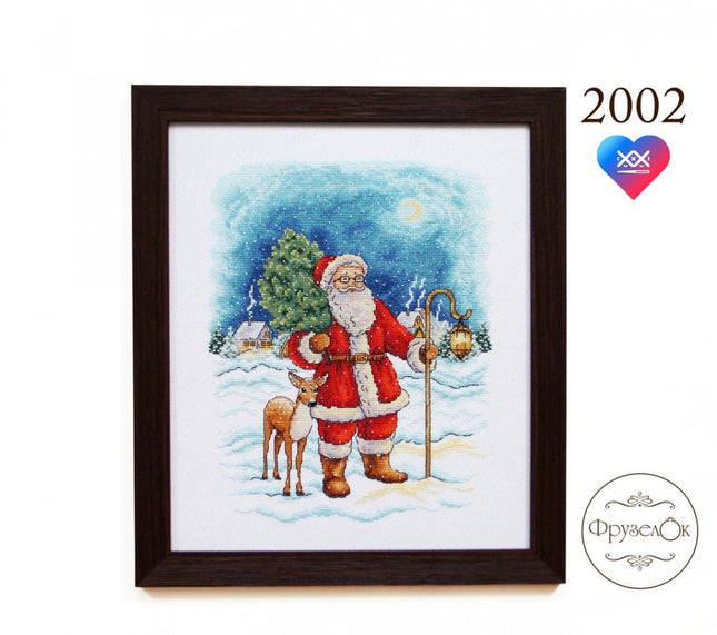 DIY Cross Stitch Kit "Santa Claus with a deer" 10.6x8.5 in / 27.0x21.5 cm