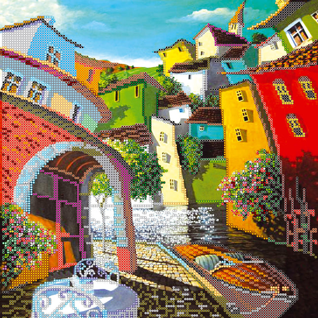 Canvas for bead embroidery "Vivid town" 11.8"x11.8" / 30.0x30.0 cm