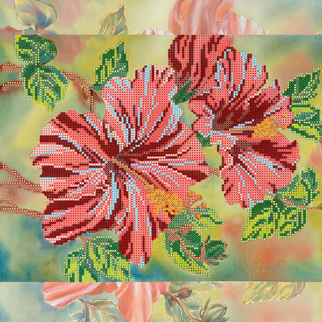 Canvas for bead embroidery "Scarlet Hibiscus" 11.8"x11.8" / 30.0x30.0 cm