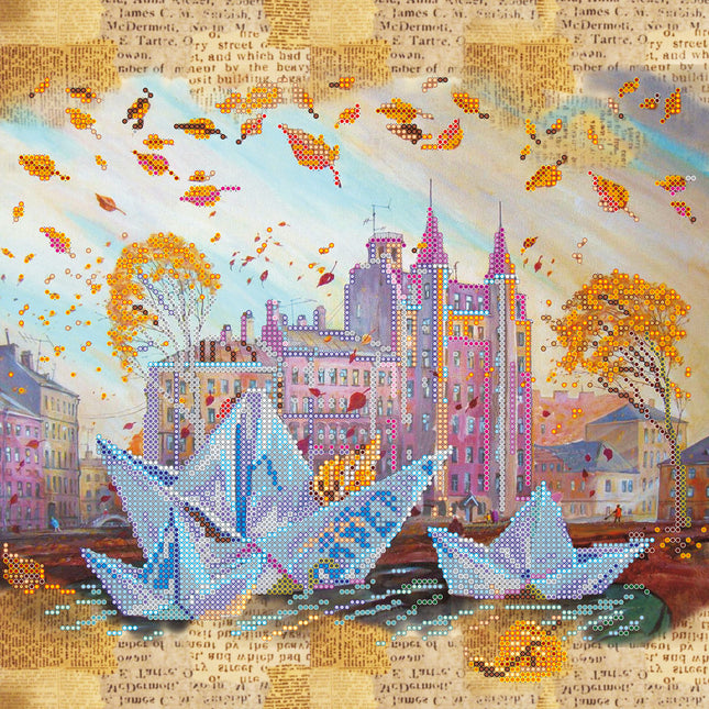 Canvas for bead embroidery "Origami ships" 11.8"x11.8" / 30.0x30.0 cm