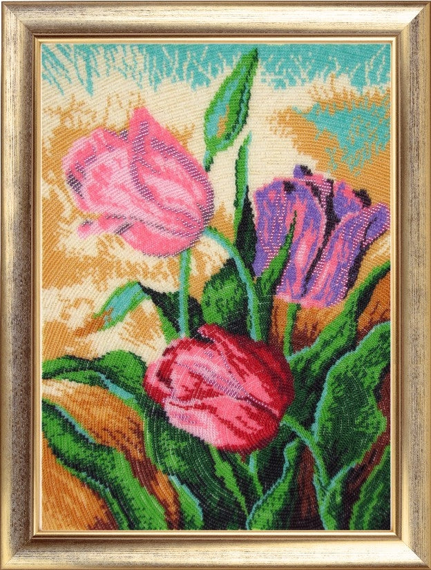 DIY Bead Embroidery Kit "Spring Tulips" 13.4"x9.8" / 34.0x25.0 cm